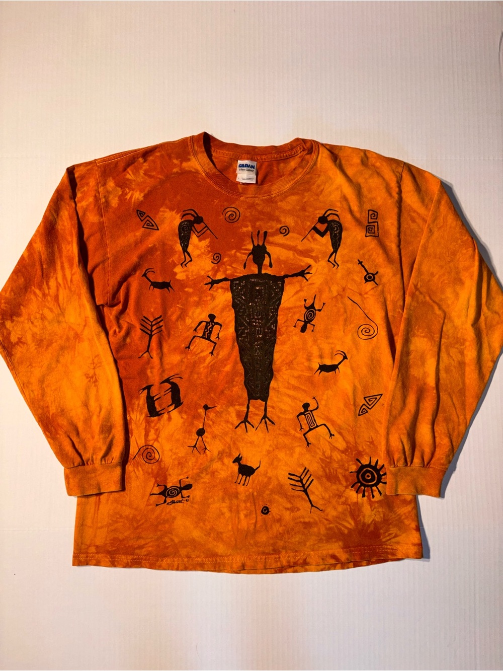 Vtg Kokopelli Tribal Native American Art Tie Dye AOP Long Sleeve T-shirt Sz L
